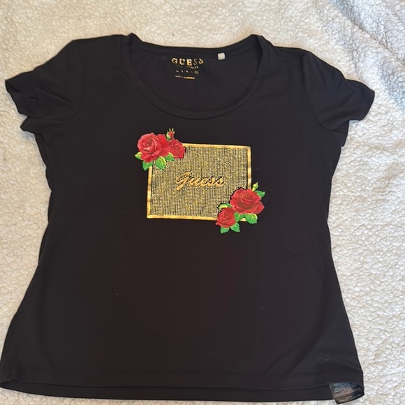 Guess Black Graphic Tee with Gold Embellishments - Picture 1 of 3